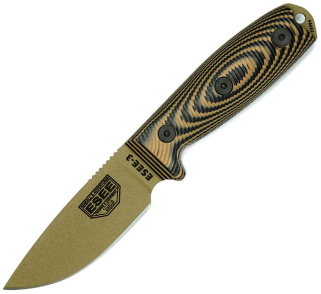 Esee Model 3 3D Fixed Blade Coyote Knife 3.88" dark earth powder coated 1095HC steel blade Black and coyote brown 3D machined G10 handle