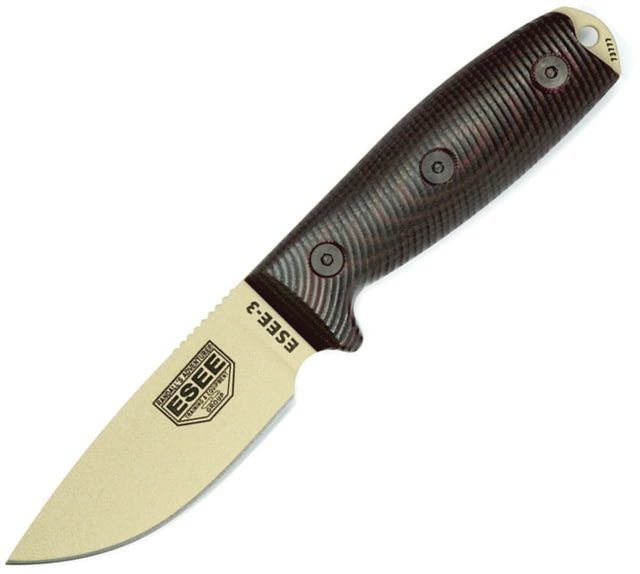 Esee Model 3 3D Fixed Blade Desert Knife 3.88" desert tan powder coated 1095HC steel blade Black and red 3D machined G10 handle