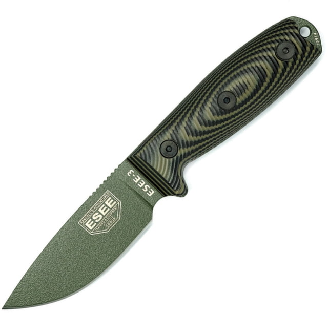 Esee Model 3 3D Fixed Blade OD Knife 3.88" OD green powder coated 1095HC steel blade Black and OD green 3D machined G10 handle