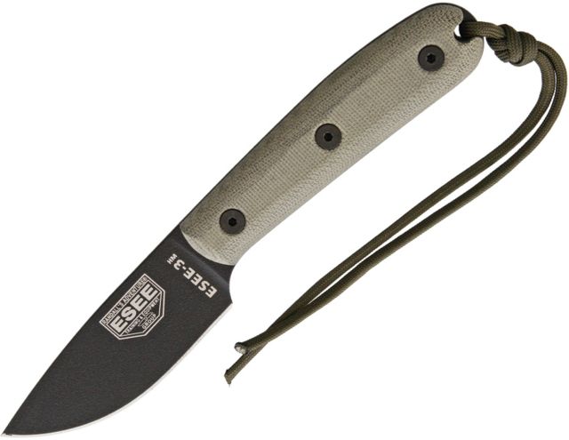 Esee Model 3 With Modified Handle Fixed Blade Knife 3.625in 1095 Carbon Steel Standard Edge Green Canvas Micarta Handle - Esee