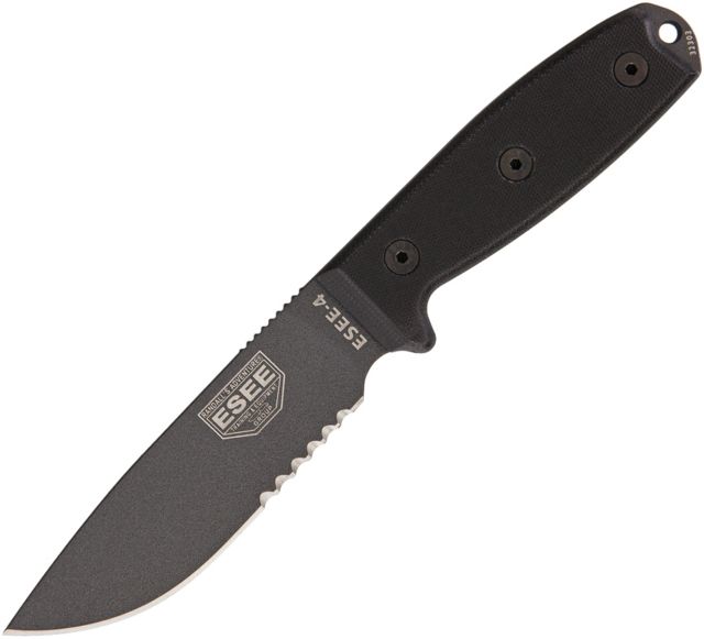Esee Model 4 Serrated Tactical Fixed Blade Knife 9in 4.5in 1095 Carbon Steel Partially Serrated Black Handle - Esee