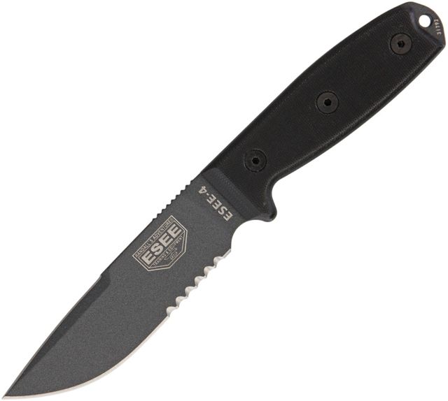Esee Model 4 Serrated Tactical Fixed Blade Knife 9in 4.5in 1095 Carbon Steel Partially Serrated Black Micarta Handle - Esee