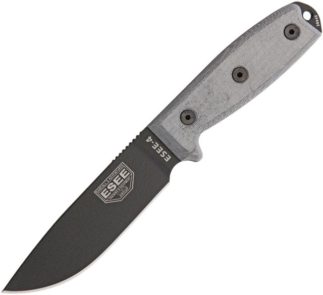 Esee Model 4 Stainless Plain Fixed Blade Knife 9in 4.5in 440C Steel Drop Point Black Linen Micarta Handle Black Molded Kydex Sheath - Esee