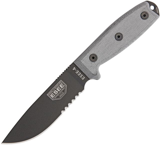 Esee Model 4 Stainless Serrated Fixed Blade Knife 9in 4.5in 440C Steel Partially Serrated Drop Point Black Linen Micarta Handle Black Molle Sheath
