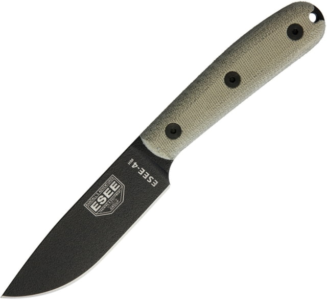 Esee Model 4 Traditional Knife 9in Overall 4.5in Black Powder Coated 1095Hc Steel Drop Point Green Canvas Micarta Handle Black Kydex Sheath - Esee