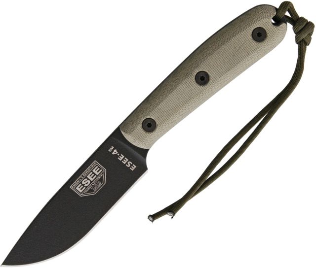 Esee Model 4 With Modified Handle Fixed Blade Knife 4.375in 1095 Carbon Steel Standard Edge Green Canvas Micarta Handle - Esee