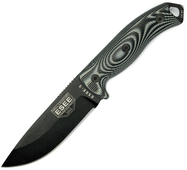 Esee Model 5 3D Fixed Blade Black Knife 5.25" black powder coated 1095HC steel blade Black and gray canvas micarta handle