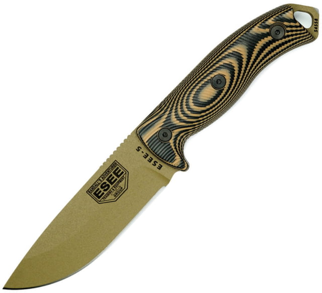 Esee Model 5 Fixed Blade DE Knife 5.25" dark earth powder coated 1095HC steel blade Black and coyote brown 3D machined G10 handle
