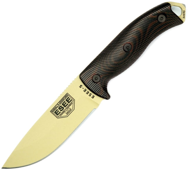 Esee Model 5 Fixed Blade Tan Knife 5.25" desert tan powder coated 1095HC steel blade Black and red 3D machined G10 handle