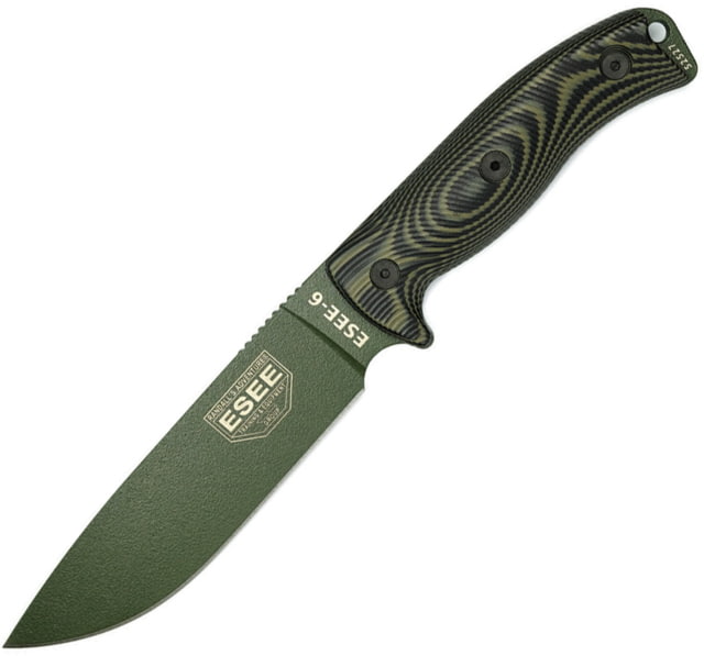 Esee Model 6 Fixed Blade OD Knife 5.25" OD green powder coated 1095HC steel blade Black and OD green 3D machined G10 handle
