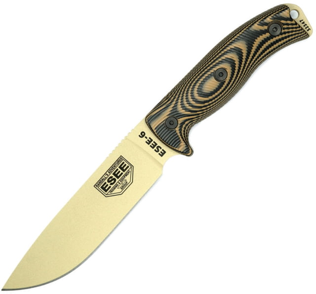 Esee Model 6 Fixed Blade Tan Knife 5.25" desert tan powder coated 1095HC steel blade Black and coyote brown 3D machined G10 handle