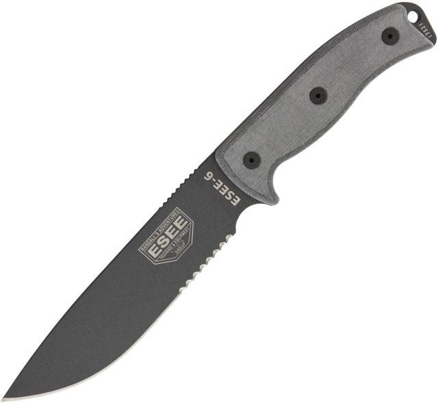 Esee Model 6 Serrated Tactical Fixed Blade Knife 5.75in 1095 Carbon Steel Partially Serrated Linen Micarta Handle - Esee