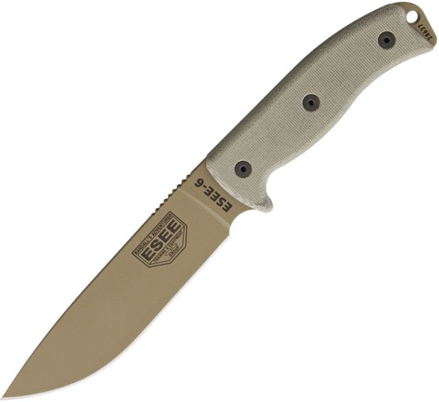 Esee Model 6 Tactical Dark Earth Fixed Blade Knife 11.75in 5.75in 1095 Carbon Steel Standard Edge Drop Point Linen Micarta Handle - Esee