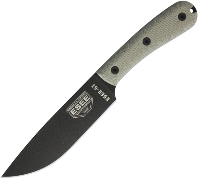Esee Model 6 Traditional Knife 11.75in Overall 5.75in Black Powder Coated 1095Hc Steel Drop Point Green Canvas Micarta Handle Black Kydex Sheath - Esee