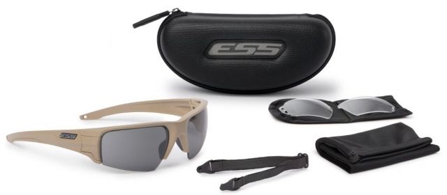 ESS Crowbar Tactical Sunglasses KitTerrain Tan FrameClear and Smoke LensesPouchStrap - Ess