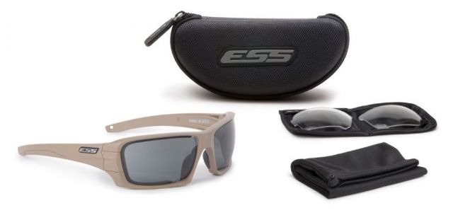 ESS Rollbar Tactical Sunglasses KitTerrain Tan FrameClear and Smoke LensesPouchStrap - Ess