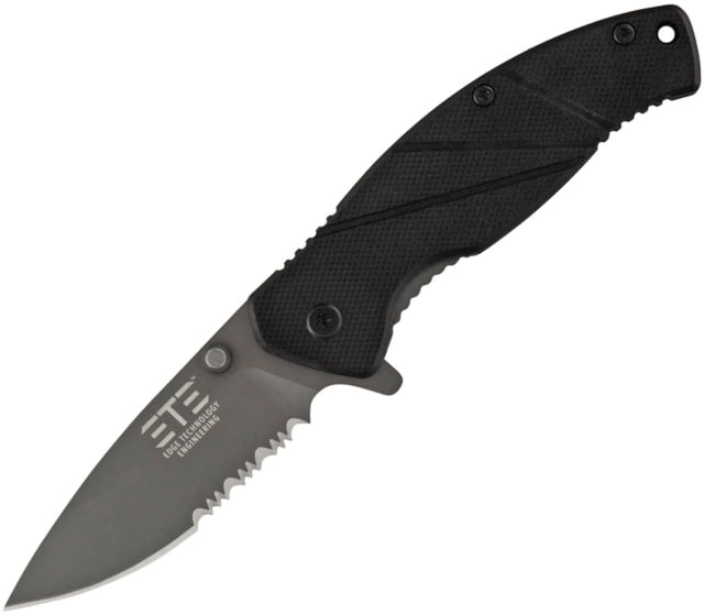 ETE EDC Workhorse Linerlock A/O Folding Knife 4.5in Closed 3.25in Charcoal Titanium Finish Partially Serrated 8Cr13Mov SS Drop Point Black G10 Handle - Ete