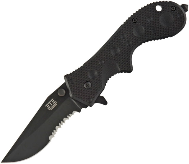 ETE Wortac Linerlock A/O Folding Knife 4.5in Closed 3in Black Titanium Finish Partially Serrated D2 Tool Steel Modified Clip Point Blade Black G10 - Ete