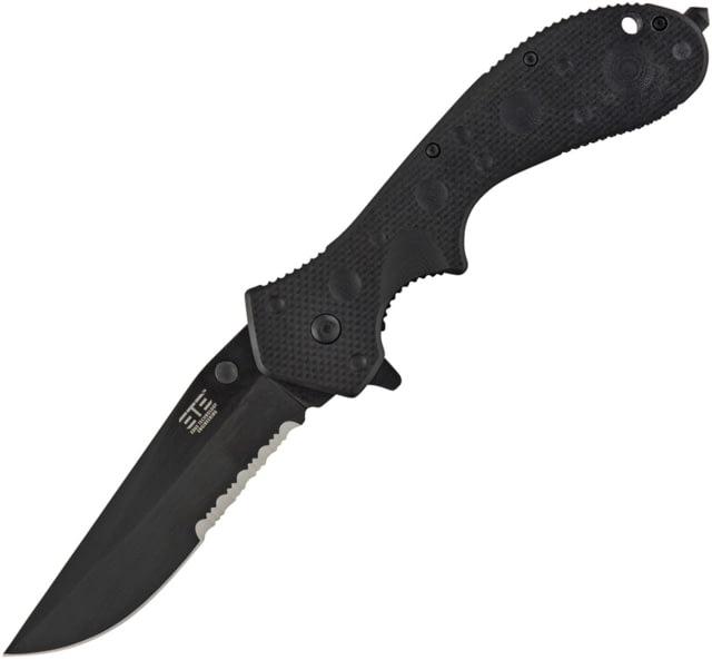 ETE Wortac Linerlock A/O Folding Knife 6in Closed 4in Black Titanium Finish Partially Serrated D2 Tool Steel Modified Clip Point Blade Black G10 - Ete
