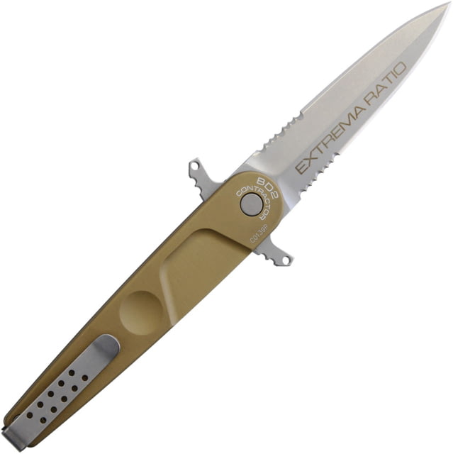 Extrema Ratio BD2 Contractor Linerlock Tan Folding Knife 3.75" stonewash finish double edge Bohler N690 sta Desert tan anodized aluminum handle - Extrema Ratio