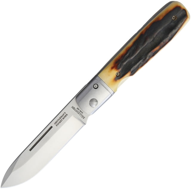 Fallkniven GP Stag Linerlock Folding Knife 3in Satin Laminate Cobalt Steel Spear Point Blade Stag Handle SS Bolster Comes With Wooden Glass Top - Fallkniven