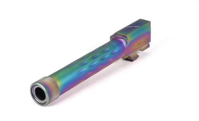 Faxon Firearms Match Series Barrel for Glock 19 Gen1-5 Match Series Barrel Flame Fluted Threaded 9mm 1-10 Twist 1/2x28 416-R SS Nitride Chameleon