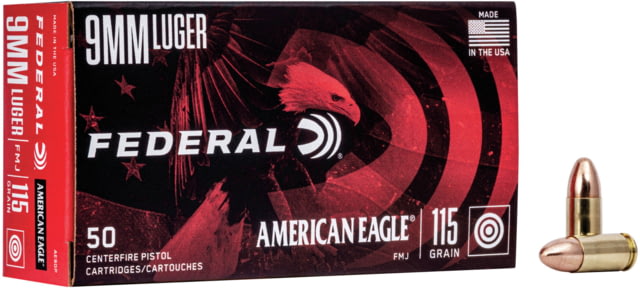 eral Premium American Eagle 9mm Luger 115 Grain Full Metal Jacket Brass Cased Centerfire Pistol 50 Rounds Ammo