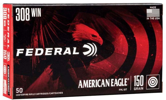 Federal American Eagle Varmint & Predator .308 Winchester 150 Grain Full Metal Jacket Brass Cased Boat Tail Rifle Ammo 50 Rounds - Federal