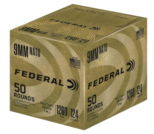 Federal Premium Military Grade 9 mm Luger 124 Grain Full Metal Jacket Brass Pistol Ammo 50 Rounds - Federal Ammunition