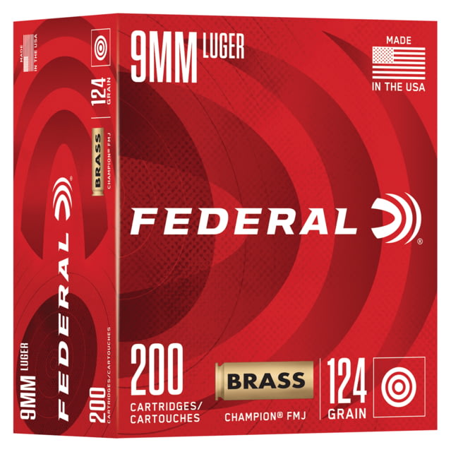 Federal Champion Training 9mm Luger 124 Grain FMJ Brass Pistol Ammo 200 Rounds - Federal