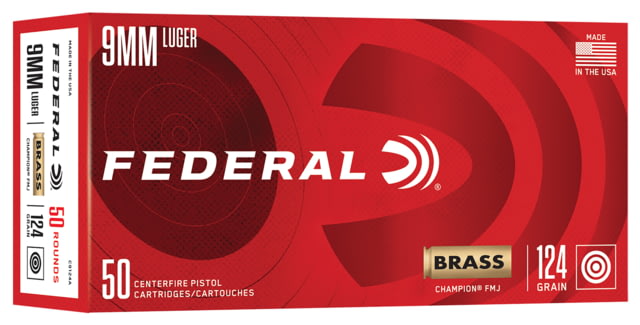 Federal Champion Training 9mm Luger 124 Grain FMJ Brass Pistol Ammo 50 Rounds eral Champion Training 9mm Luger 124 Grain FMJ Brass Pistol 50 Rounds Ammo