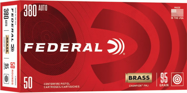 eral Champion Training .380 ACP 95 Grain Full Metal Jacket Brass Cased Pistol 200 Rounds Ammo