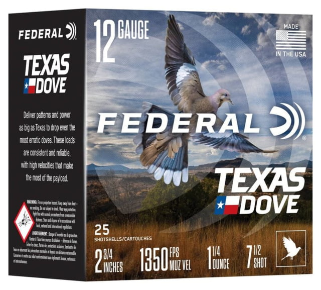 Federal Texas Dove Shotgun Ammo 12 Gauge 2.75" #7.5 1 1/4oz Shot Shell Ammunition Lead 25 Round Box TXD12H 7.5 - Federal