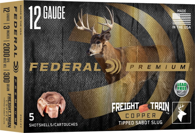 Federal Freight Train Copper Sabot 12 Gauge 300 Grain 2.75in Slug Shotgun Ammo 5 Rounds P152 FT eral Freight Train Copper Sabot 12 Gauge 300 Grain 2.75in Slug Shotgun 5 Rounds P152 FT Ammo