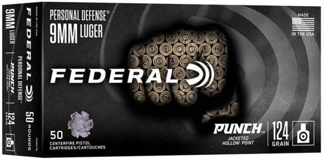 eral Personal Defense Punch 9mm Luger 124 Grain Jacketed Hollow Point Brass Cased Pistol 50 Rounds Ammo