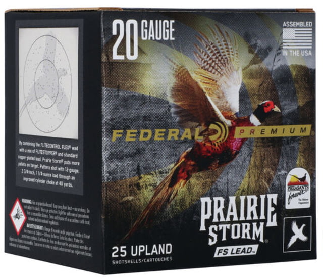 eral Premium Prairie Storm 20 Gauge #6 Shot 1 1/4oz 2.75in Centerfire Shotgun 25 Rounds PFX204FS Ammo