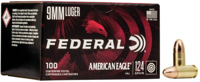 eral Premium 9mm Luger 124 Grain FMJ Brass Centerfire Pistol 100 Rounds Ammo