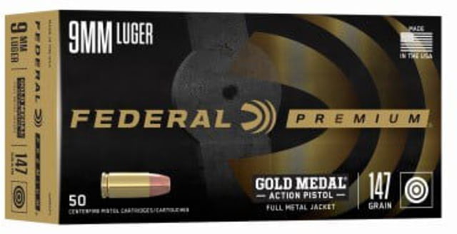 eral Premium 9mm Luger 147 Grain FMJ Gold Medal Action Brass Centerfire Pistol 50 Rounds Ammo