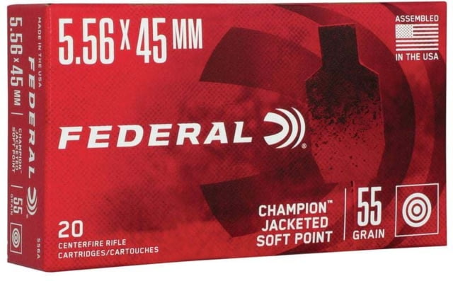 Federal Champion 5.56x45 55 Grain Jacketed Soft Point Brass Case Rifle Ammo 20 Rounds - Federal