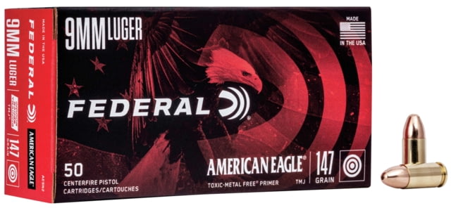 eral Premium American Eagle Indoor Range Training 9mm Luger 147 Grain Full Metal Jacket Centerfire Pistol 50 Rounds Ammo