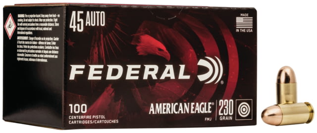 eral Premium .45 ACP 230 Grain Full Metal Jacket Brass Centerfire Pistol 100 Rounds Ammo