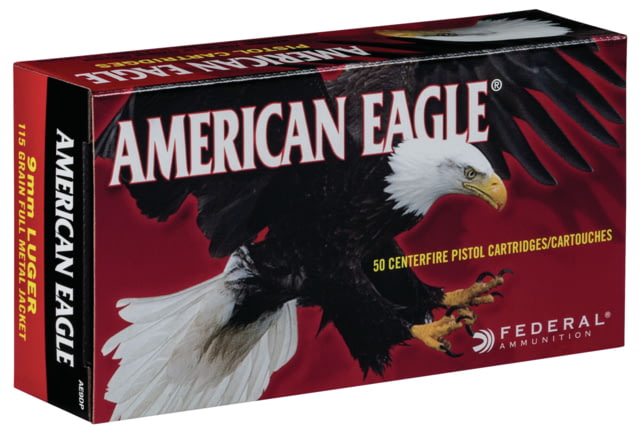 Federal Premium American Eagle 9 mm Luger 115 Grain Full Metal Jacket Brass Centerfire Pistol Amm 50 Rounds