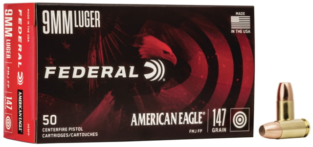 eral Premium American Eagle 9mm Luger 147 Grain Full Metal Jacket Brass Cased Centerfire Pistol 50 Rounds Ammo