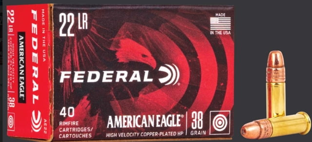 eral Premium American Eagle Rimfire .22 Long Rifle 38 Grain Jacketed Hollow Point Rimfire 40 Rounds AE 22 Ammo
