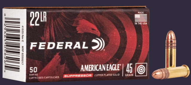 eral Premium American Eagle Rimfire Suppressor .22 Long Rifle 45 Grain Copper Plated Round Nose Rimfire 50 Rounds Ammo