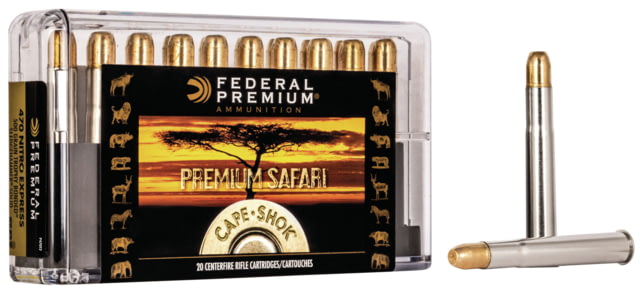 Federal Premium CAPE-SHOK .470 Nitro Express 500 Grain Trophy Bonded Sledgehammer Solid Centerfire Rifle Ammo 20 Rounds eral Premium CAPE-SHOK .470 Nitro Express 500 Grain Trophy Bonded Sledgehammer Solid Centerfire Rifle 20 Rounds Ammo