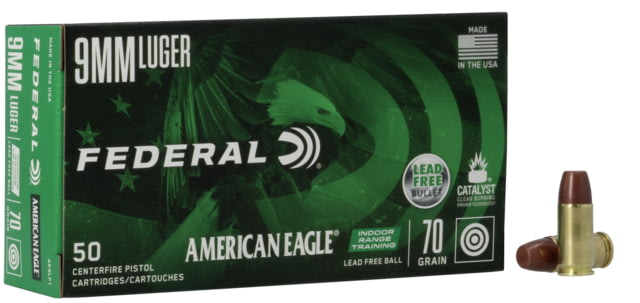 Federal Premium American Eagle Indoor Range Training 9mm Luger 70 Grain Lead-Free Ball Centerfire Pistol Ammo 50 Rounds eral Premium American Eagle Indoor Range Training 9mm Luger 70 Grain Lead-Free Ball Centerfire Pistol 50 Rounds Ammo