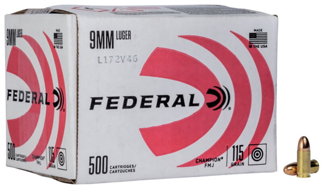 eral Premium Champion Training 9mm Luger 115 Grain Full Metal Jacket Brass Cased Pistol 500 Rounds Ammo