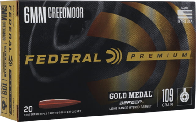 Federal Premium Gold Medal 6mm Creedmoor 109 Grain Long Range Hybrid Target Brass Cased Centerfire Rifle Ammo 20 Rounds eral Premium Gold Medal 6mm Creedmoor 109 Grain Long Range Hybrid Target Brass Cased Centerfire Rifle 20 Rounds Ammo