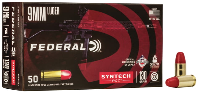 Federal Premium Syntech PCC 9mm Luger 130 Grain Syntech Jacket Flat Nose Brass Cased Centerfire Pistol Ammo 50 Rounds eral Premium Syntech PCC 9mm Luger 130 Grain Syntech Jacket Flat Nose Brass Cased Centerfire Pistol 50 Rounds Ammo